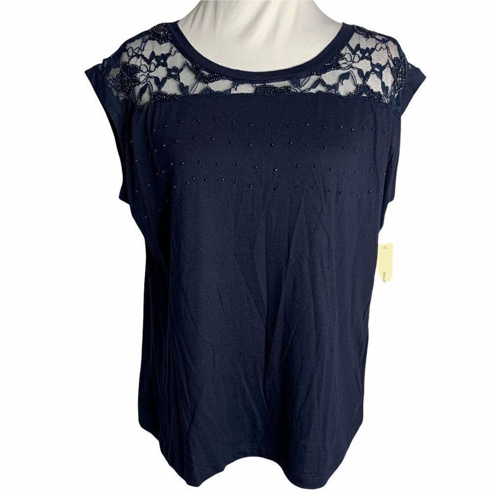 Beaded Lace Yoke Sleeveless TopâXLâNavyâBlue